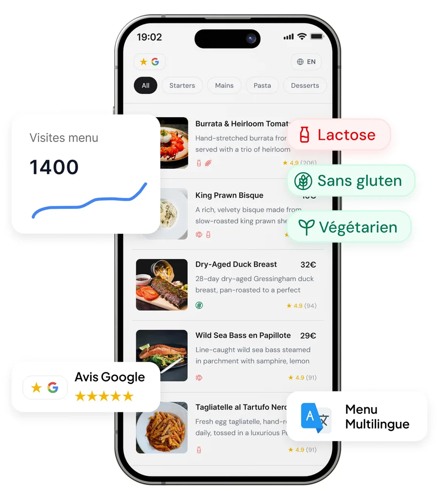 Aperçu de l'application menu.business sur mobile